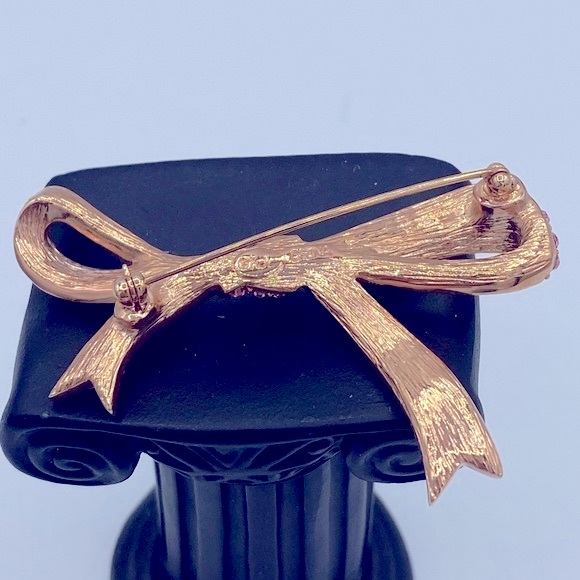 Vintage KJL Rose Gold Tone Pink Pave Rhinestone Bow Pin Brooch Cancer Awareness - Picture 6 of 11